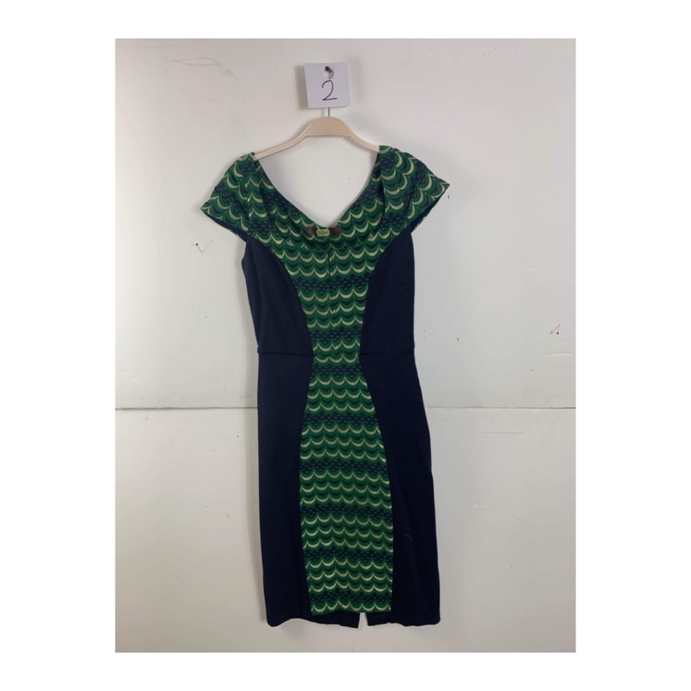 Anthropologie Eva Franco Midi Green and Navy Cap sleeve Fitted Dress